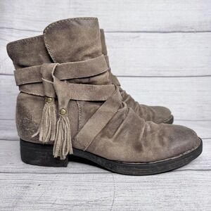 Born Kerri Taupe Distressed Suede Ankle Boots Tassel Strappy Womens 7M F51517
